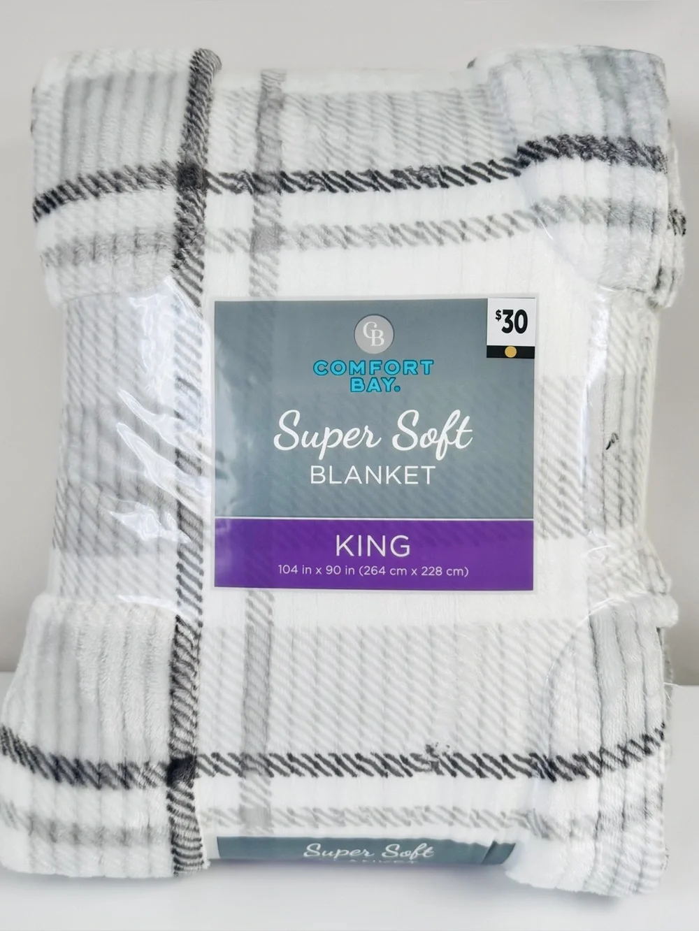 Comfort Bay Plush Plaid King Blanket Super Soft White Gray 104 x 90